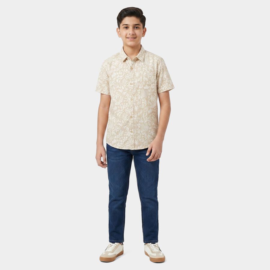 Boys Beige Cotton Printed Collar Regular Fit Shirt, Beige, large