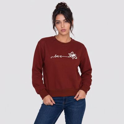 Women Maroon Crew Neck Pullover Sweatshirt