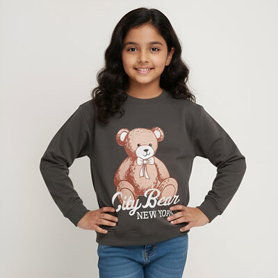 Girls Dark Charcoal Grey Crew Neck Casual Sweatshirt