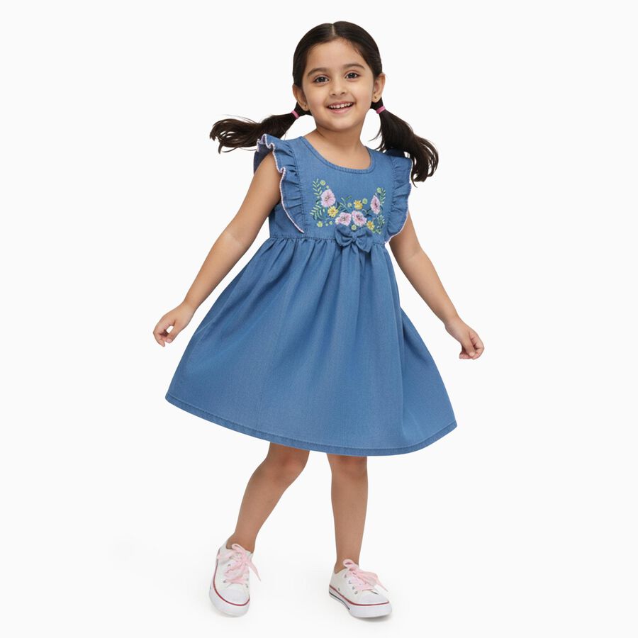 Girls' Cotton Blend Casual Frock, Mid Blue, large