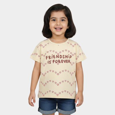 Girls Beige Cotton Round Neck Regular T-Shirt