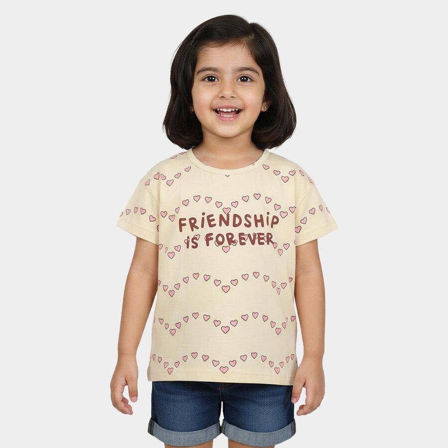Girls Beige Cotton Round Neck Regular T-Shirt, गहरा पीला, large