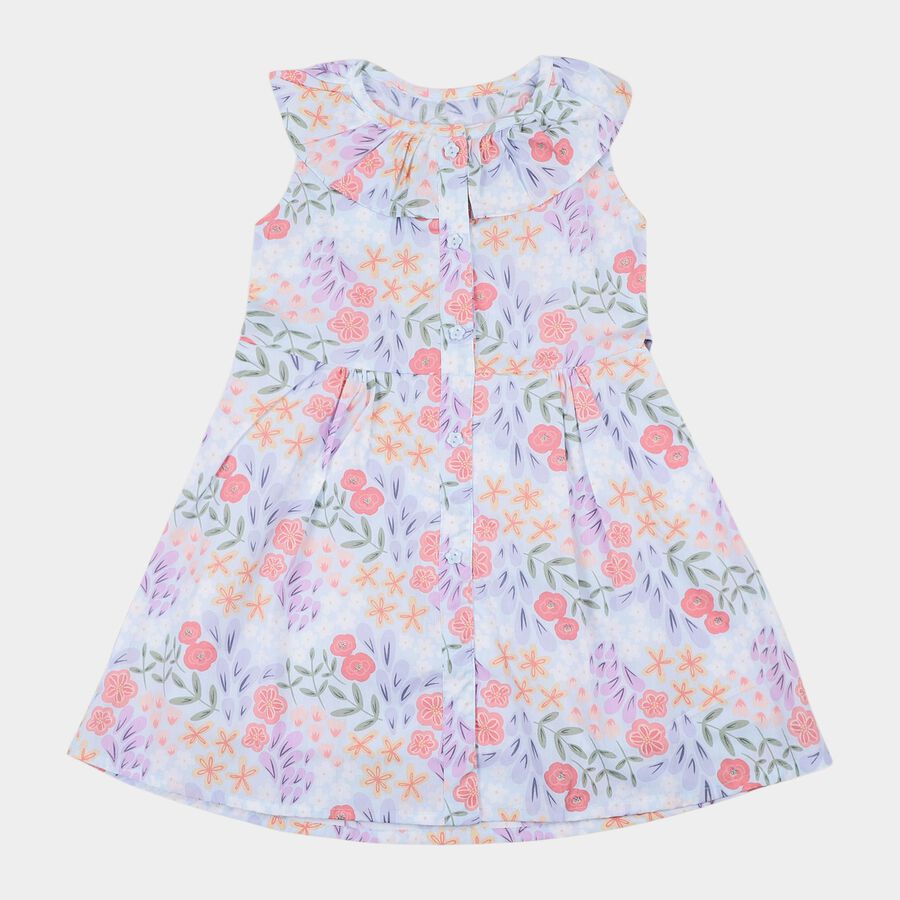Girls' Pastel Blue Floral Print Sleeveless Cotton Frock, हल्का नीला, large