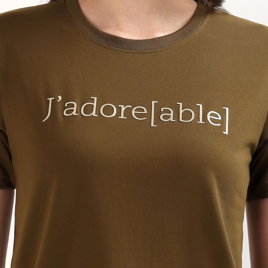 Women's Olive Cotton Round Neck Casual T-Shirt, Olive, large