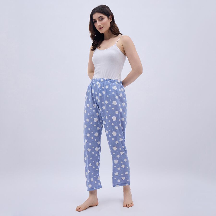 Women's Light Powder Blue Floral Printed Elastic Waist Pyjama, Mid Blue, large image number null