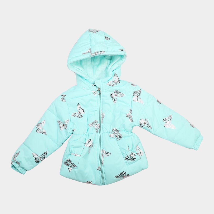 Girls' Aqua Hooded Puffer Jacket, Aqua, large