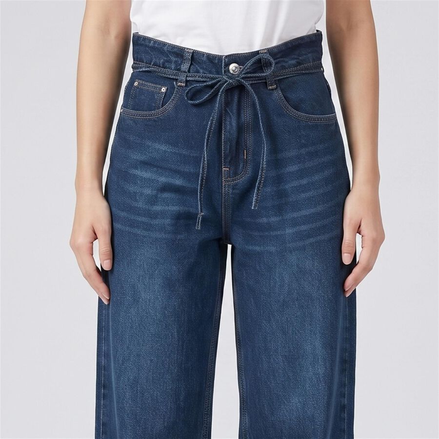 Women's Navy Blue Wide Leg Tie-Up Waist Jeans, गहरा नीला, large