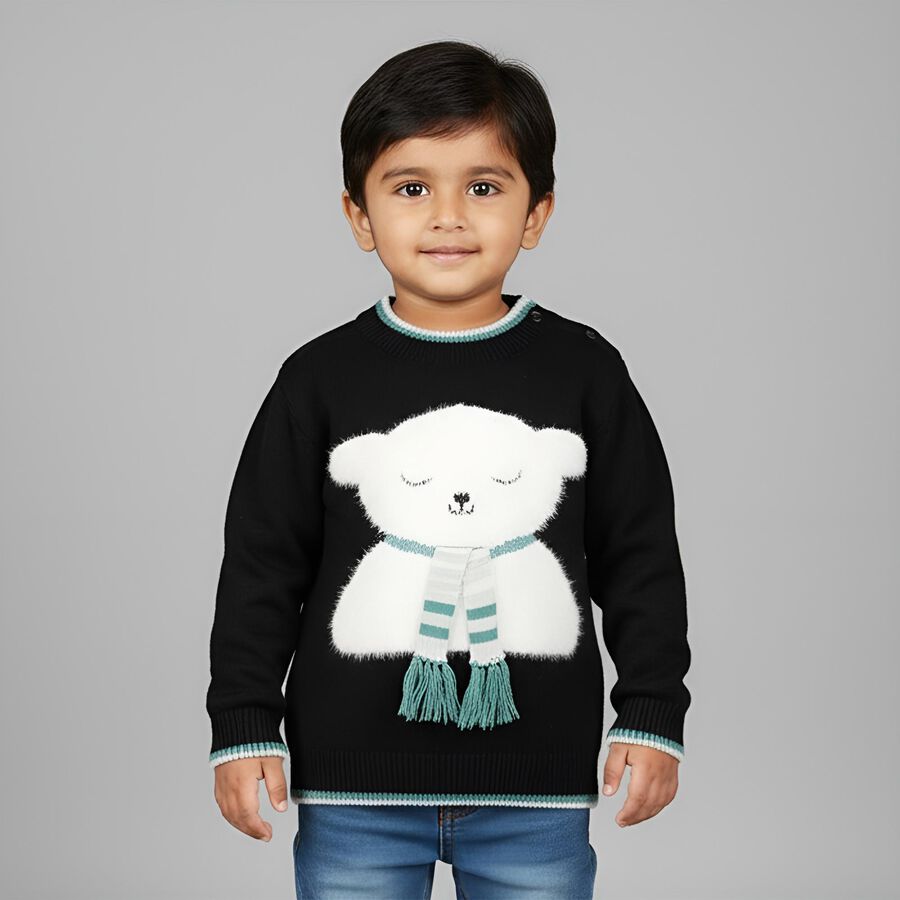 Infants Jet Black Crew Neck Classic Pullover, काला, large image number null
