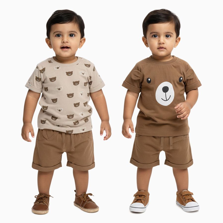 Infants' Beige and Brown Cotton Round Neck Printed Baba Suit, गहरा पीला, large image number null