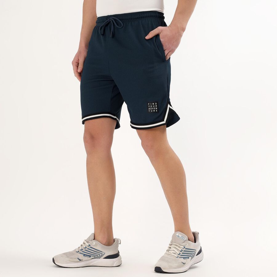 Men's Deep Navy Blue Regular Fit Textured Bermuda Shorts, Teal Blue, large