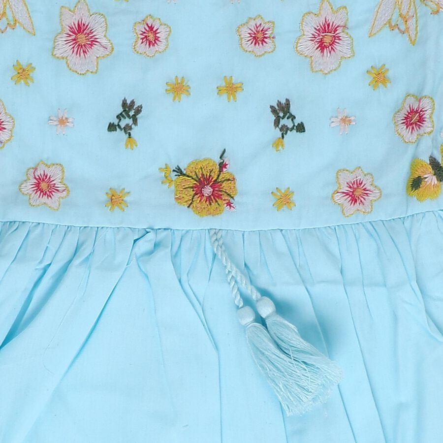 Girls' Blue Regular Fit Embroidered Frock, Aqua, large