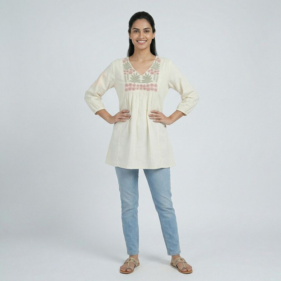 Women's Off-White Cotton Round Neck Solid Kurti, ऑफ व्हाइट, large