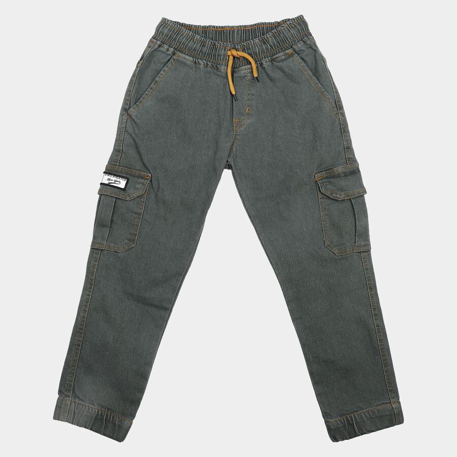 Boys' Olive Green Relaxed Fit Cargo Jeans, ओलिव, large