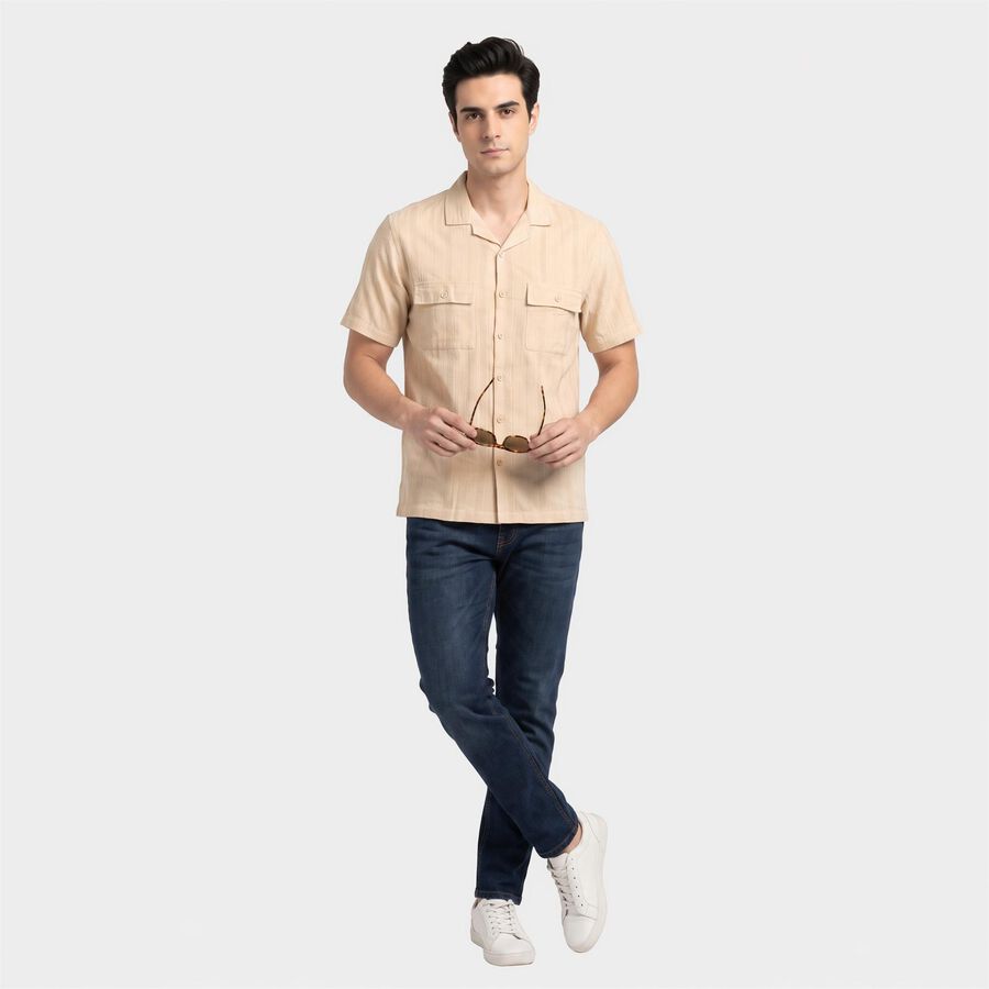 Men's Beige Cotton Camp Collar Casual Shirt, Beige, large