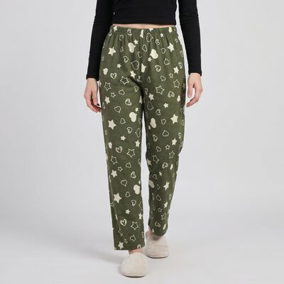 Women's Olive Green Straight Fit Heart and Star Printed Pyjama