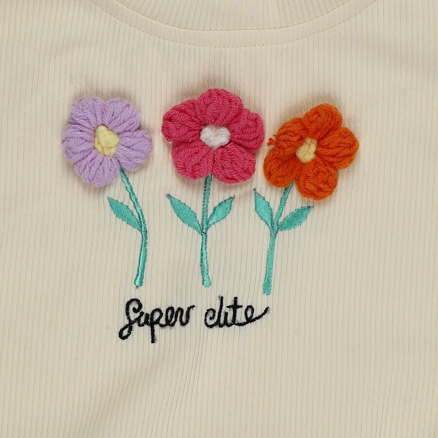 Girls Beige Round Neck Ruffle Sleeve Graphic T-Shirt, Beige, large