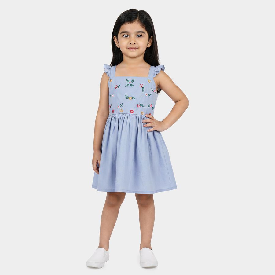 Girls' Light Blue Fit and Flare Floral Embroidered Frock, हल्का नीला, large
