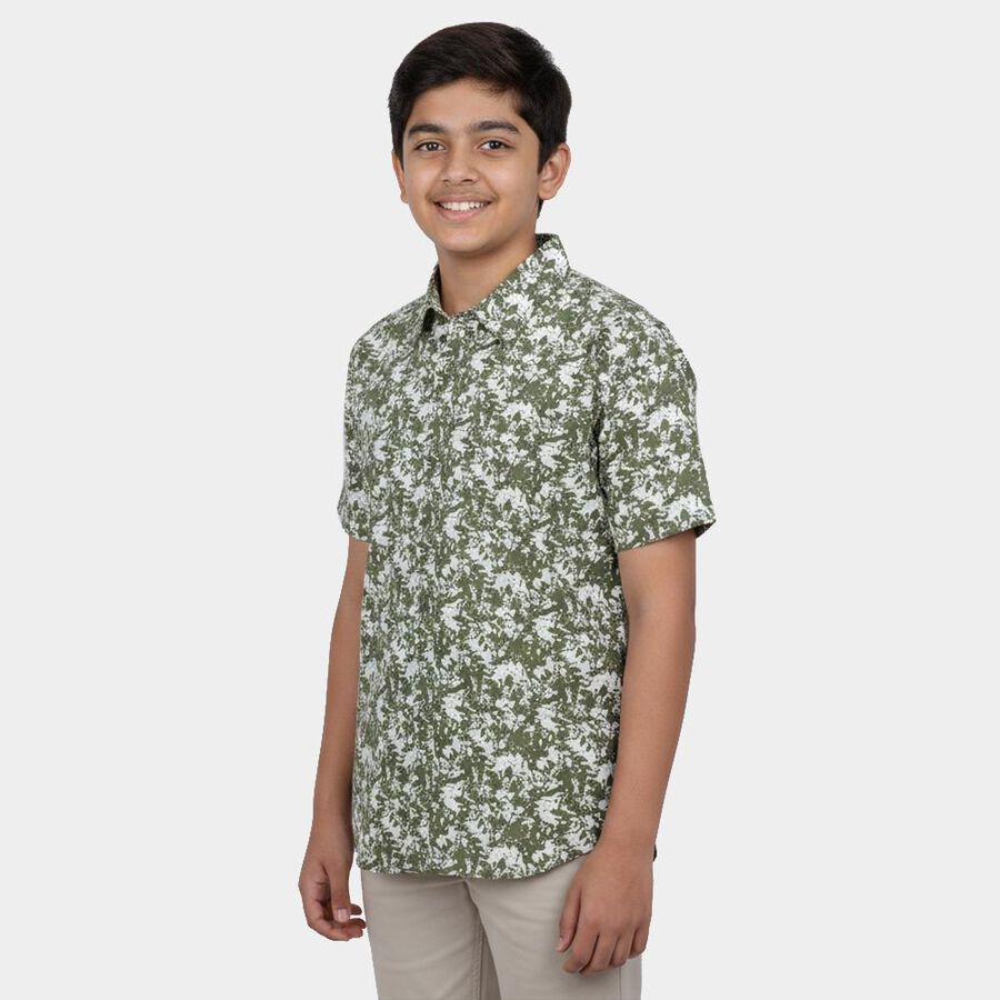 Boys Olive Green Cotton Short Sleeves Collar Regular Fit Shirt, ओलिव, large