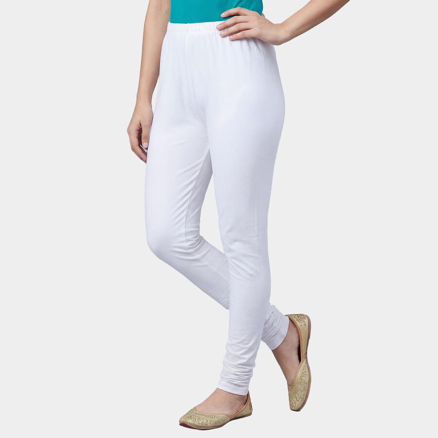 Women's White Slim Fit Solid Cotton Churidar, White, large