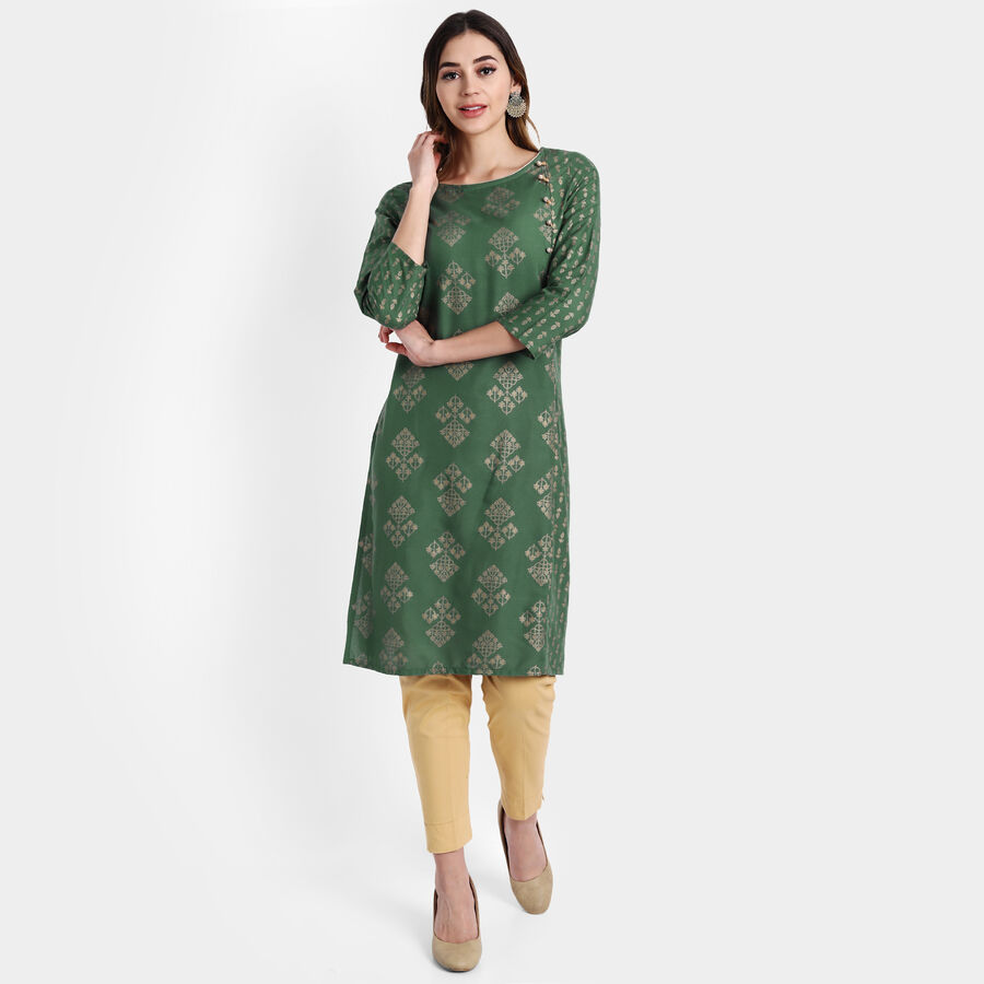 Printed Straight Kurta, Dark Green, large image number null