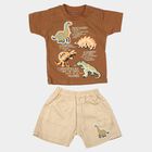 Infants' Brown 100% Cotton Round Neck Dinosaur Graphic Print Baba Suit, Beige, small