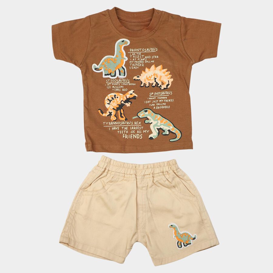 Infants' Brown 100% Cotton Round Neck Dinosaur Graphic Print Baba Suit, Beige, large