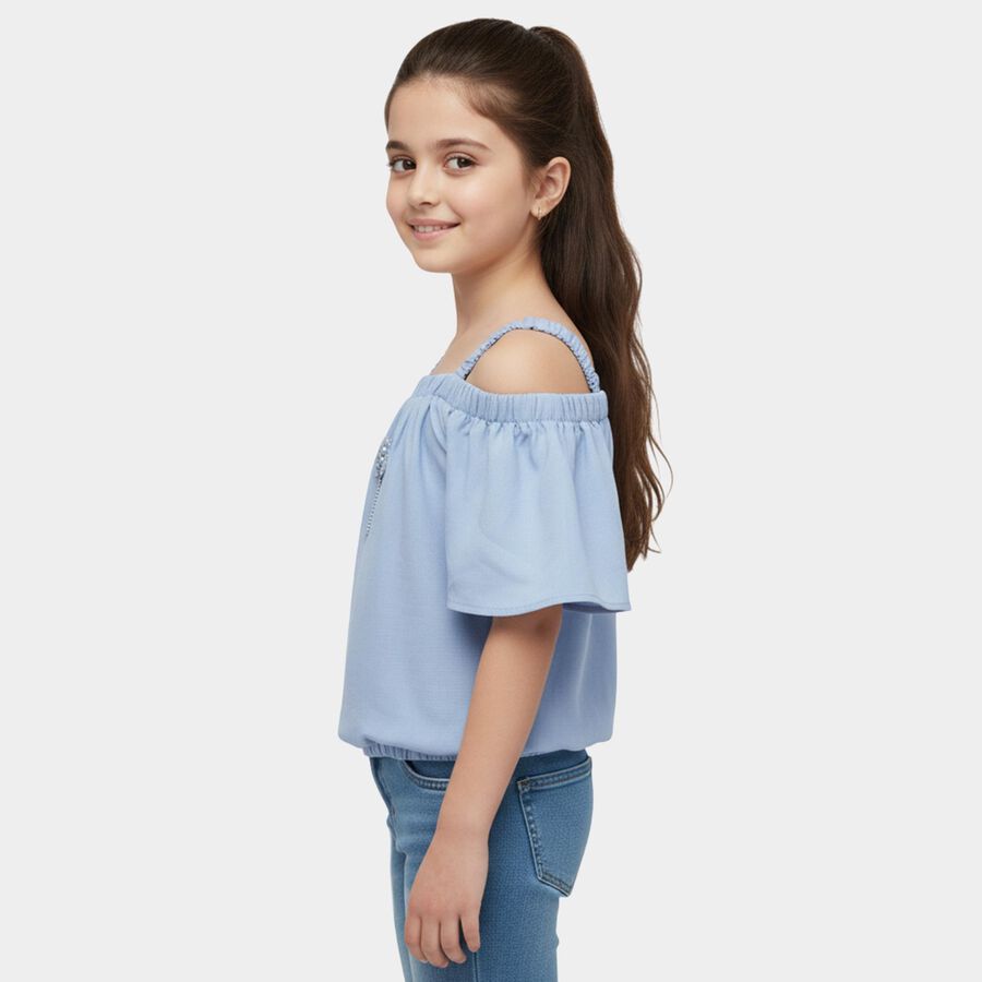 Girls' Light Blue Round Neck Casual T-Shirt, Light Blue, large