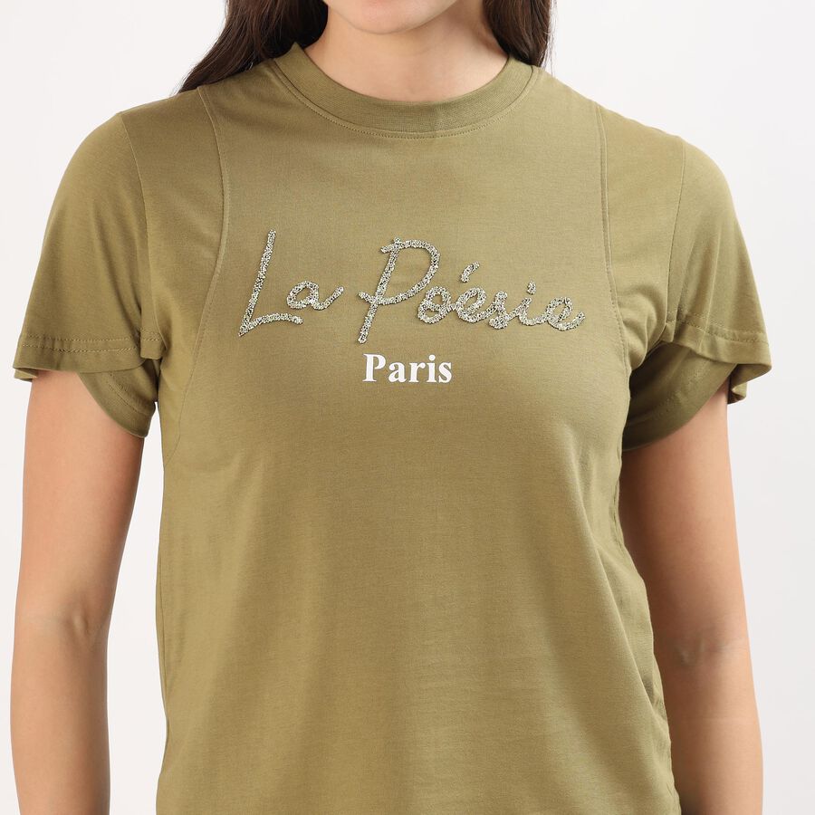 Women's Muted Olive Green Cotton Round Neck Casual T-Shirt, Olive, large
