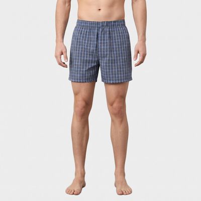 Men's Mid Blue Relaxed Fit Checked Boxers