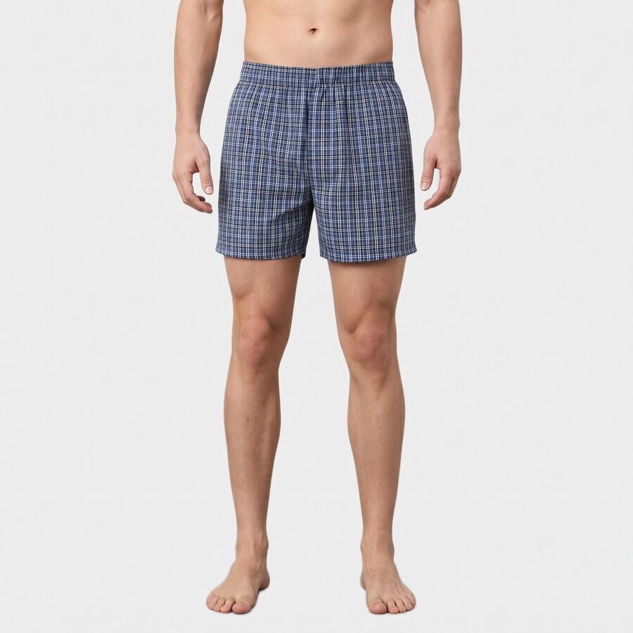 Men's Mid Blue Relaxed Fit Checked Boxers, मध्यम नीला, large