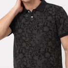 Men's Black Cotton Polo Neck Floral Printed T-Shirt, काला, small