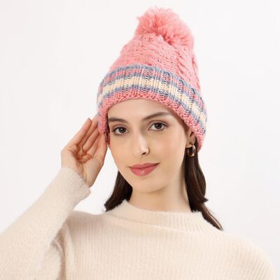 Women's Soft Pink Knitted Pom-Pom Beanie Cap