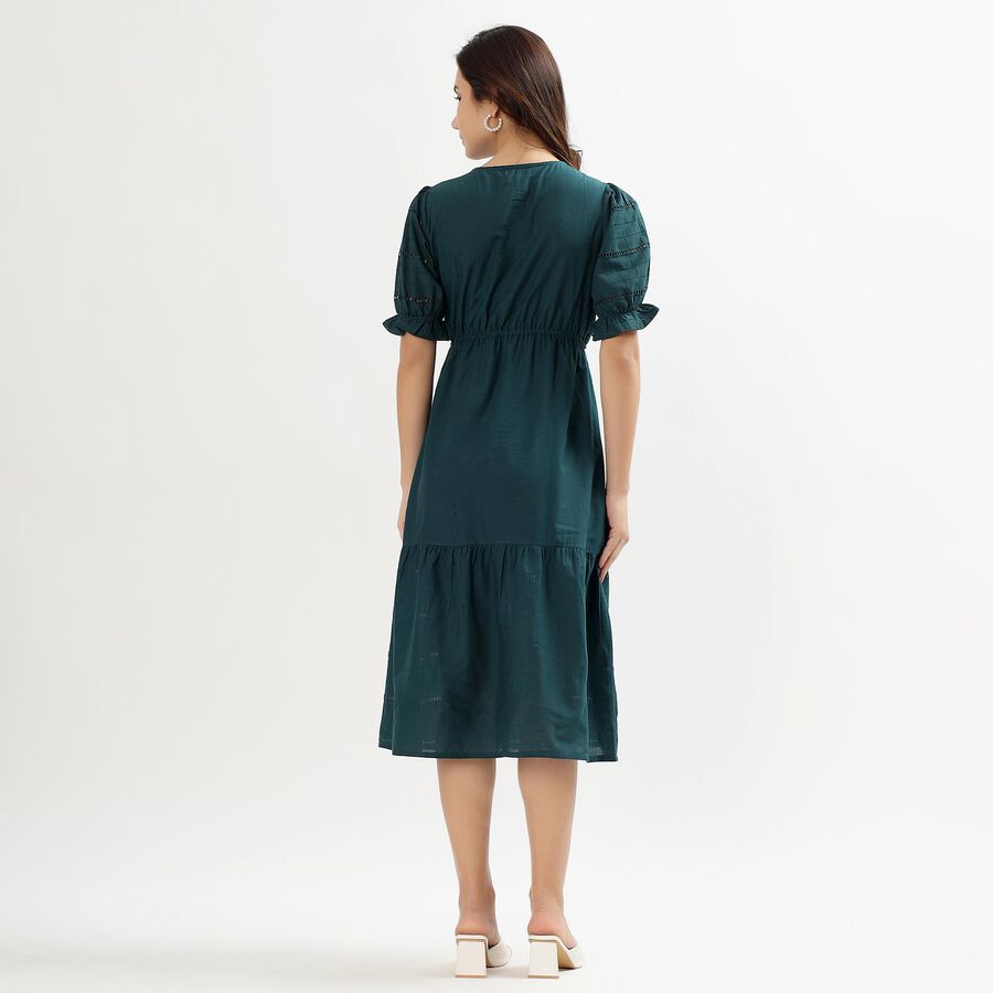 Women's Deep Forest Green Cotton V-Neck Empire Dress, Dark Green, large image number null