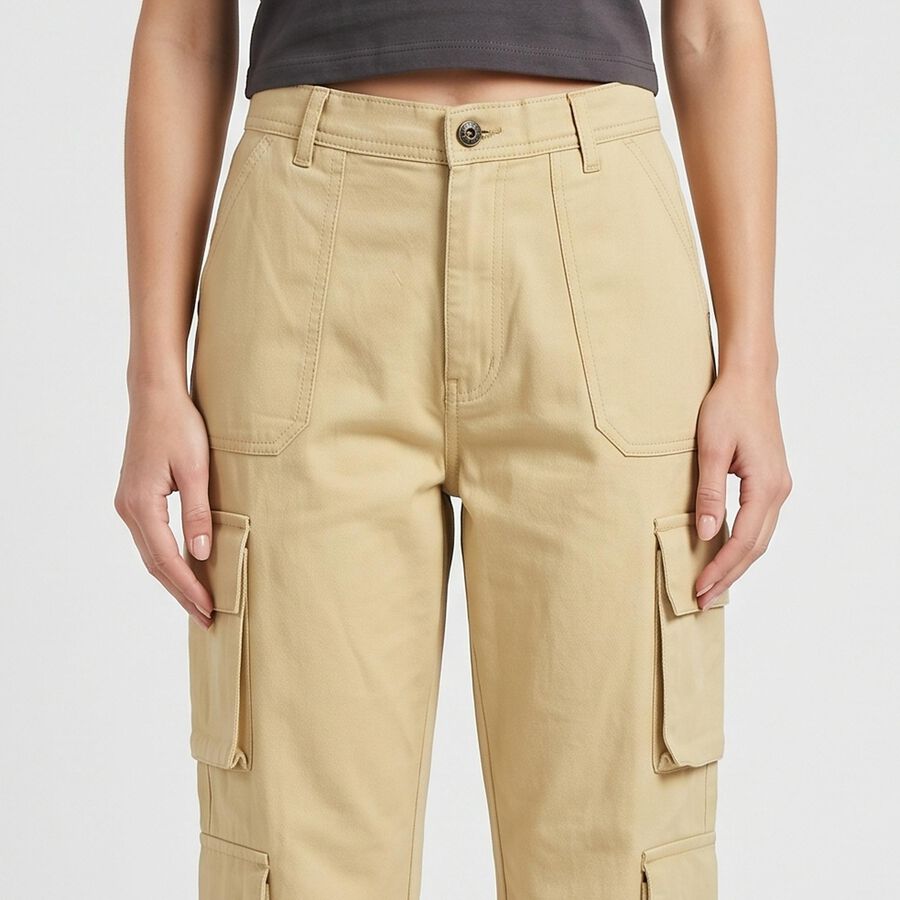 Women's Beige Straight Fit Cargo Trousers, Beige, large