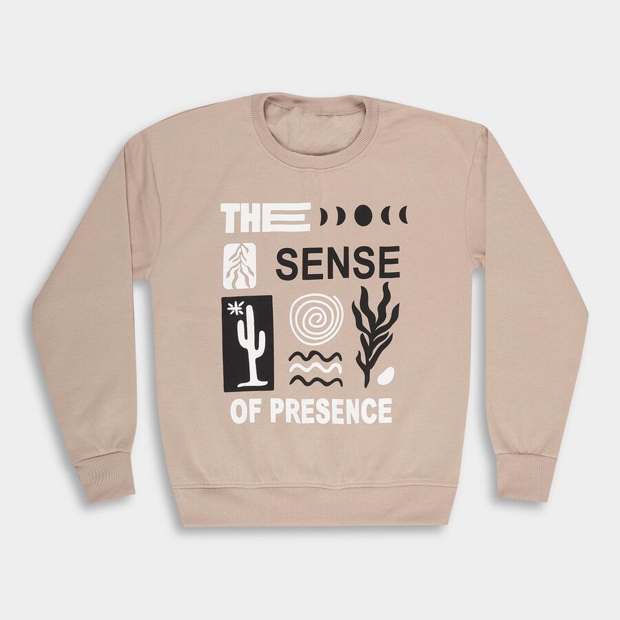 Boys Muted Beige Crew Neck Graphic Sweatshirt, गहरा पीला, large image number null