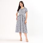 Women's White and Blue Tie Neck Bohemian Midi Dress, Navy Blue, small