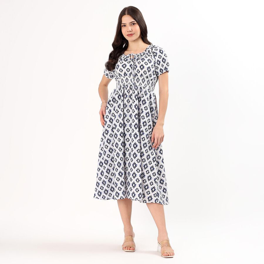 Women's White and Blue Tie Neck Bohemian Midi Dress, Navy Blue, large