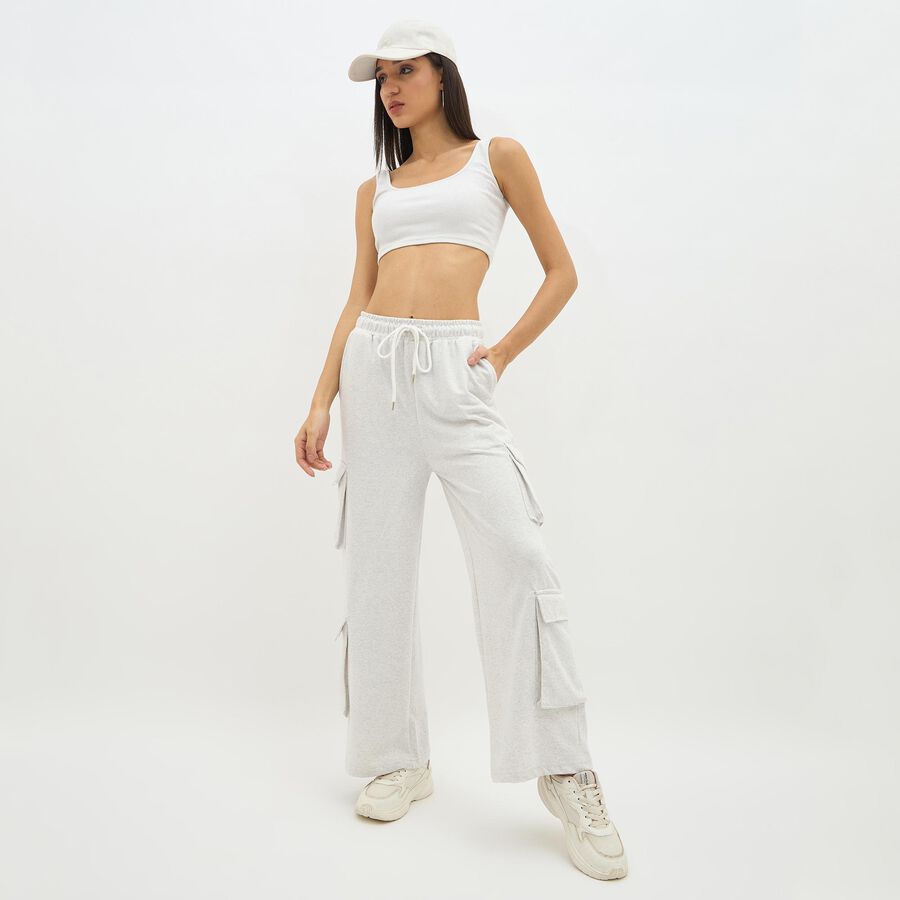 Women's Light Ash Grey Regular Fit Cargo Track Pants, Ecru Melange, large image number null
