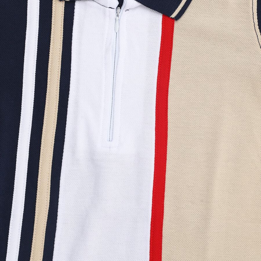 Boys Navy Blue and Beige Cotton Polo Neck Casual T-Shirt, Beige, large