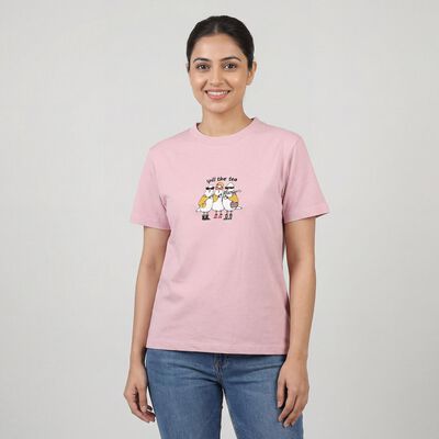 Women's Lilac Round Neck Casual Graphic Print T-Shirt