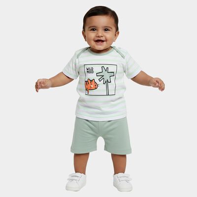 Infants' Green 100% Cotton Round Neck Solid Baba Suit