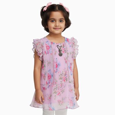 Girls Light Pink Round Neck Casual T-Shirt