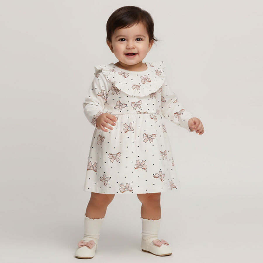 Girls' Soft Ivory White Bow Print Long Sleeve Frock, ऑफ व्हाइट, large image number null