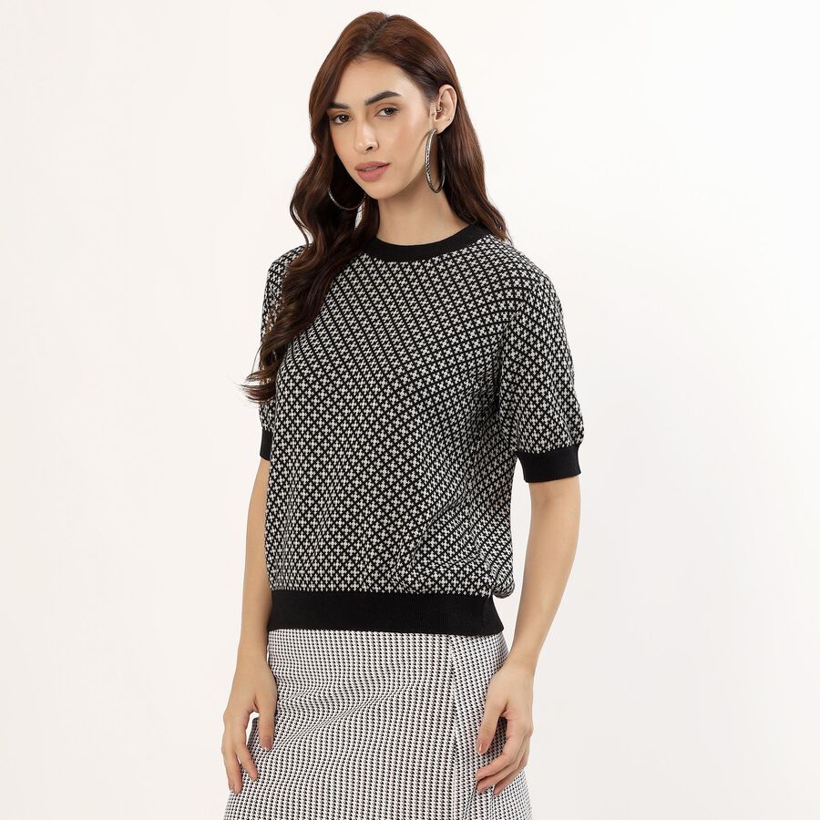 Women's Black Cotton Round Neck Geometric Top, Black, large image number null