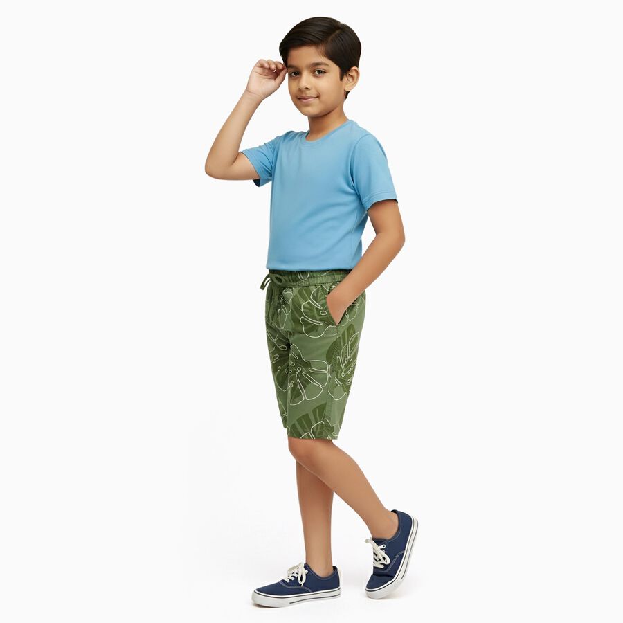 Boys' Tropical Green Cotton Printed Bermuda Shorts, ओलिव, large image number null