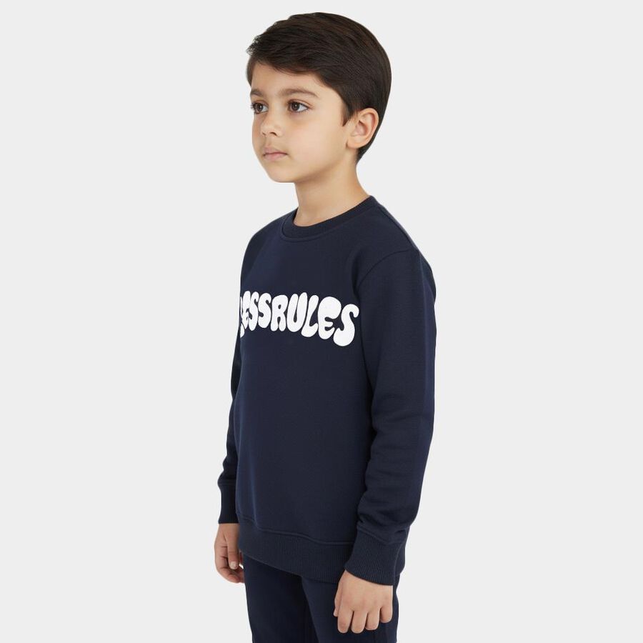 Boys Deep Midnight Navy Blue Crew Neck Casual Sweatshirt, Navy Blue, large