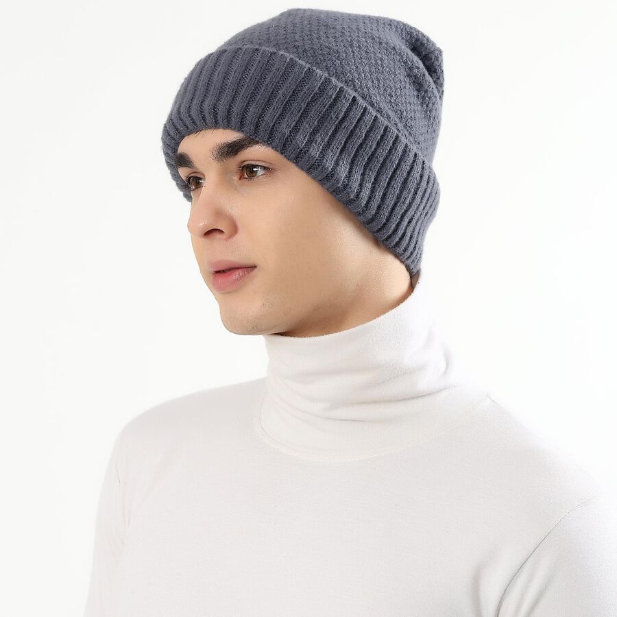 Men's Dark Charcoal Grey Knitted Beanie Cap, मिश्रित मध्यम ग्रे, large