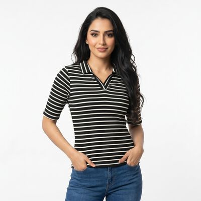 Women's Black Polo Neck Striped Polo T-Shirt