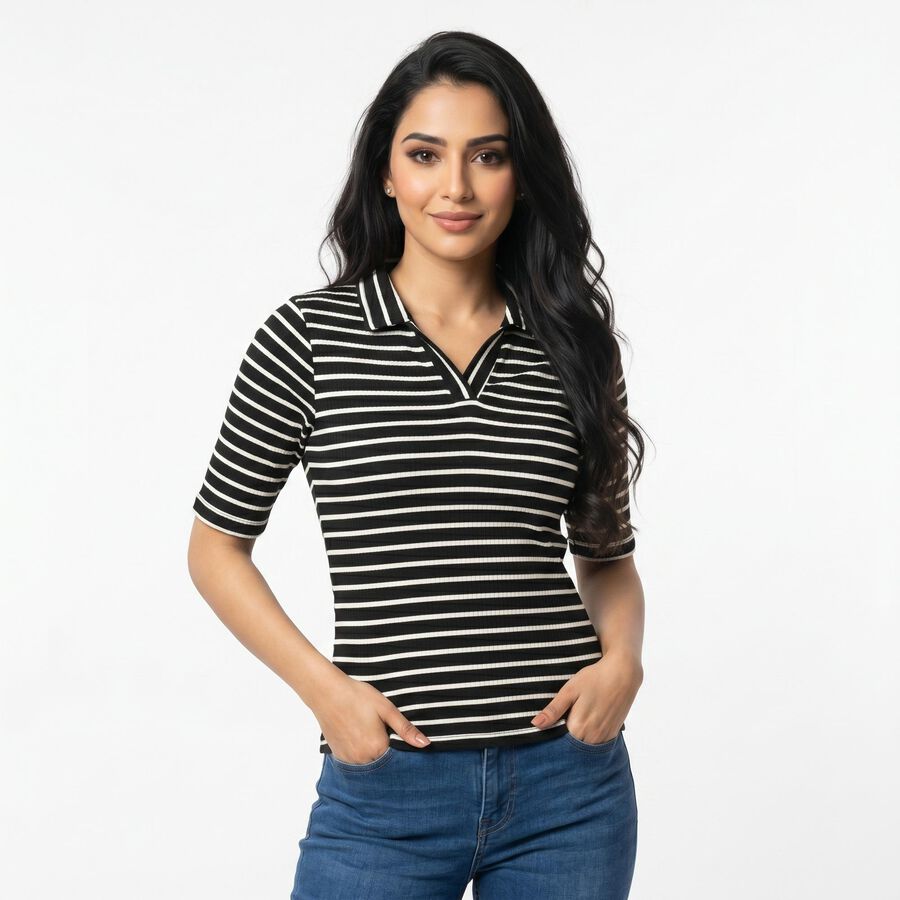 Women's Black Polo Neck Striped Polo T-Shirt, Black, large