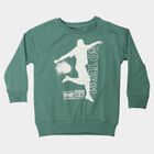 Boys' Green Crew Neck Graphic Print Sweatshirt, गहरा हरा, small